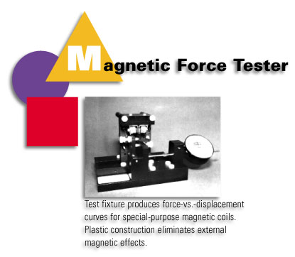 Magnetic Force Tester - Test fixture produces foces versus displacement curves for special-purpose magnetic coils. Plastic cinstruction eliminates external magnetic effects.