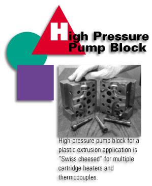 High Pressure Pump Block - High-pressure pump block for a plastic extrusion application is 'Swiss cheesed' for multiple cartridge heaters and thermocouples.